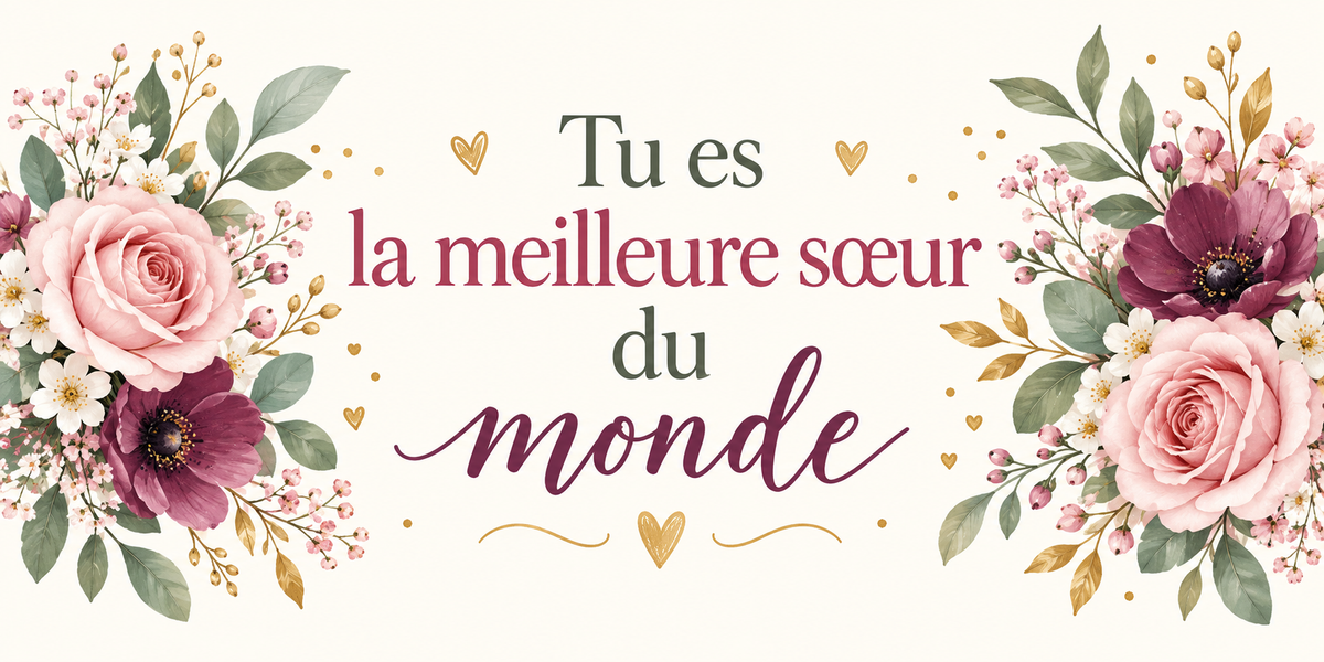 Visuel floral aquarelle roses poudrées et prune avec le texte Tu es la meilleure sœur du monde