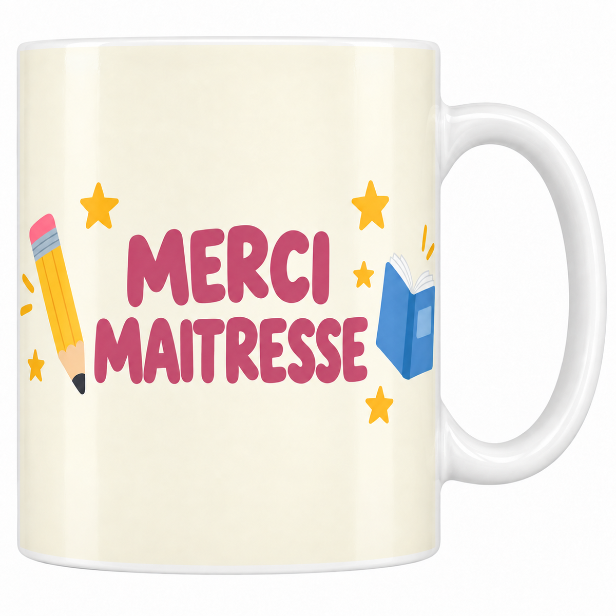 Mug crème Merci Maîtresse en lettrage rose framboise avec crayon, livre bleu et étoiles jaunes