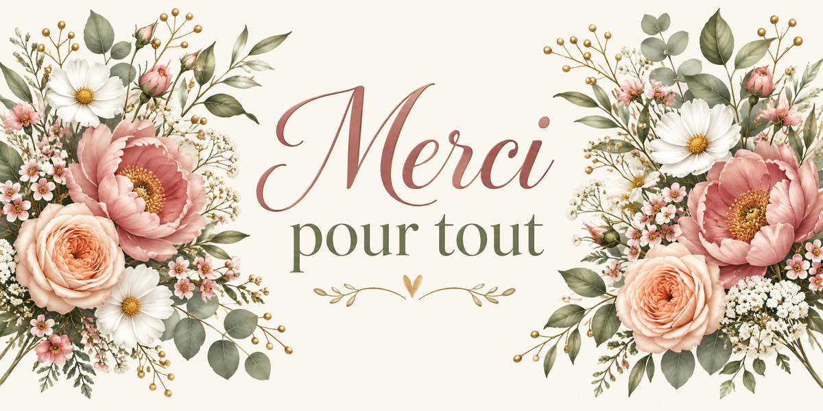 Visuel floral aquarelle roses pêche, anemones blanches et feuillages avec le texte Merci pour tout