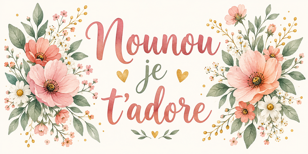 Visuel aquarelle fleurs corail et feuillages avec le texte Nounou je t'adore et cœurs dorés