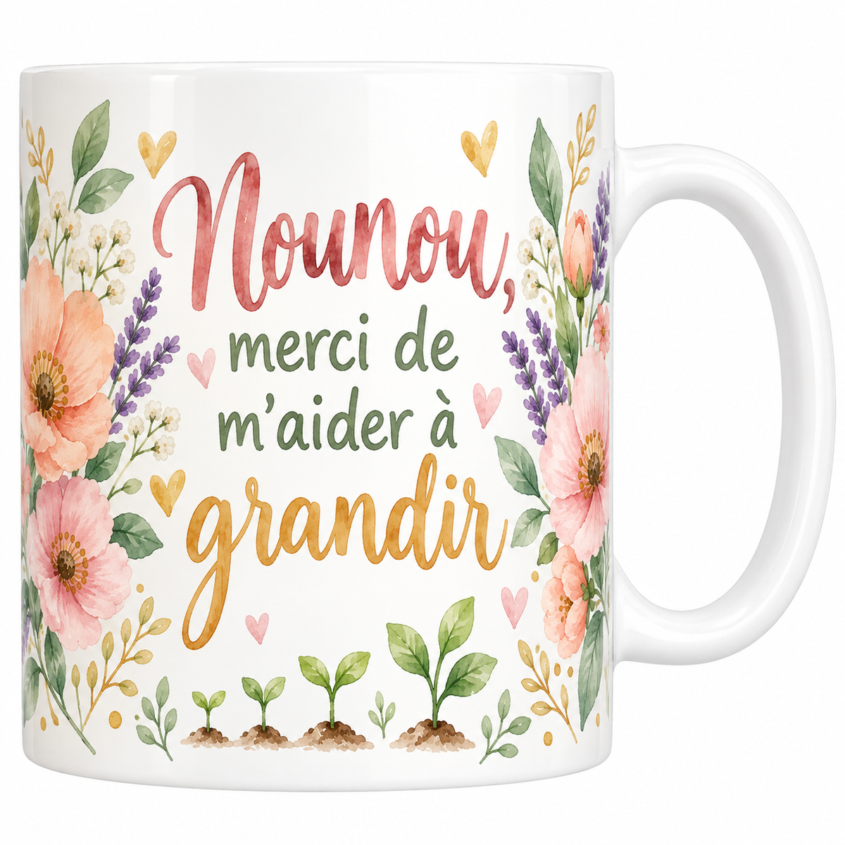 Mug crème Nounou merci de m'aider à grandir avec fleurs aquarelle, lavande et petites pousses