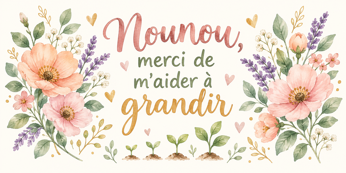 Visuel aquarelle fleurs pastel, lavande et jeunes pousses avec le texte Nounou, merci de m'aider à grandir
