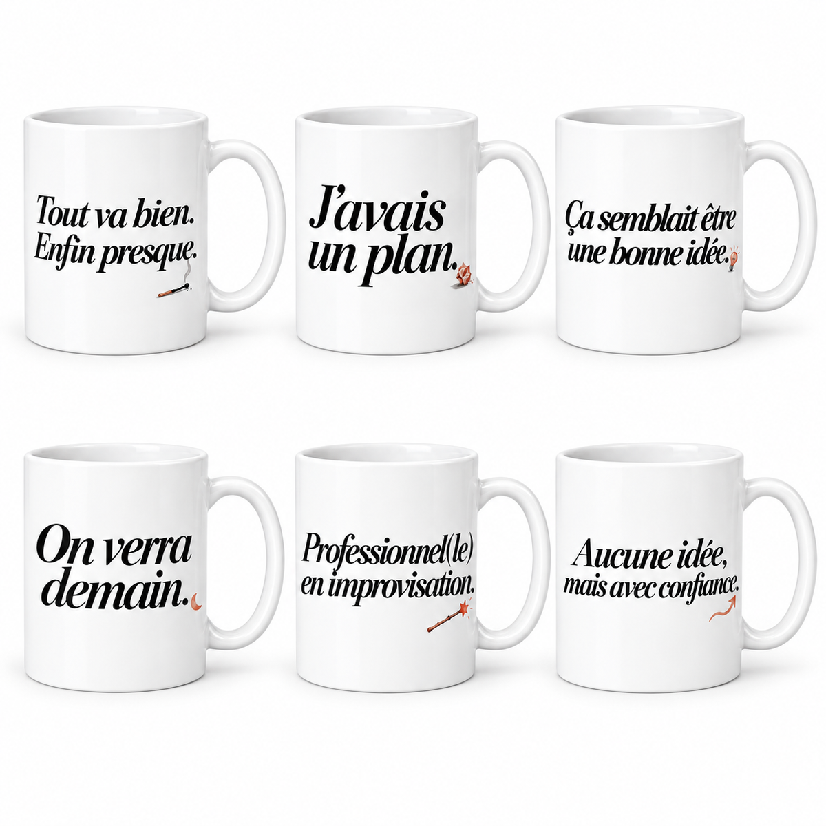Lot de 6 mugs Petites Ironies, six phrases