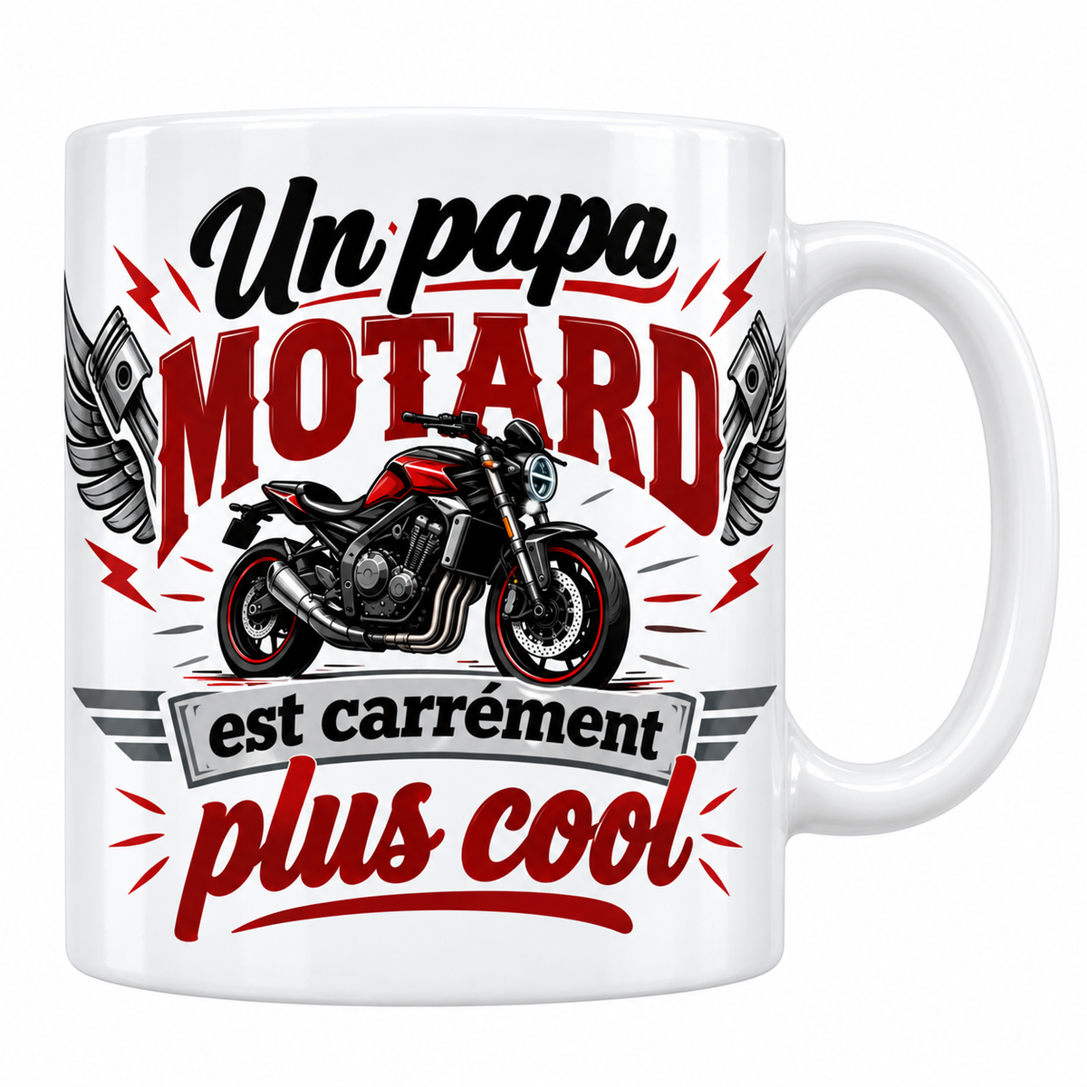 Mug blanc Un papa motard est carrément plus cool avec moto roadster, pistons ailés et éclairs rouges