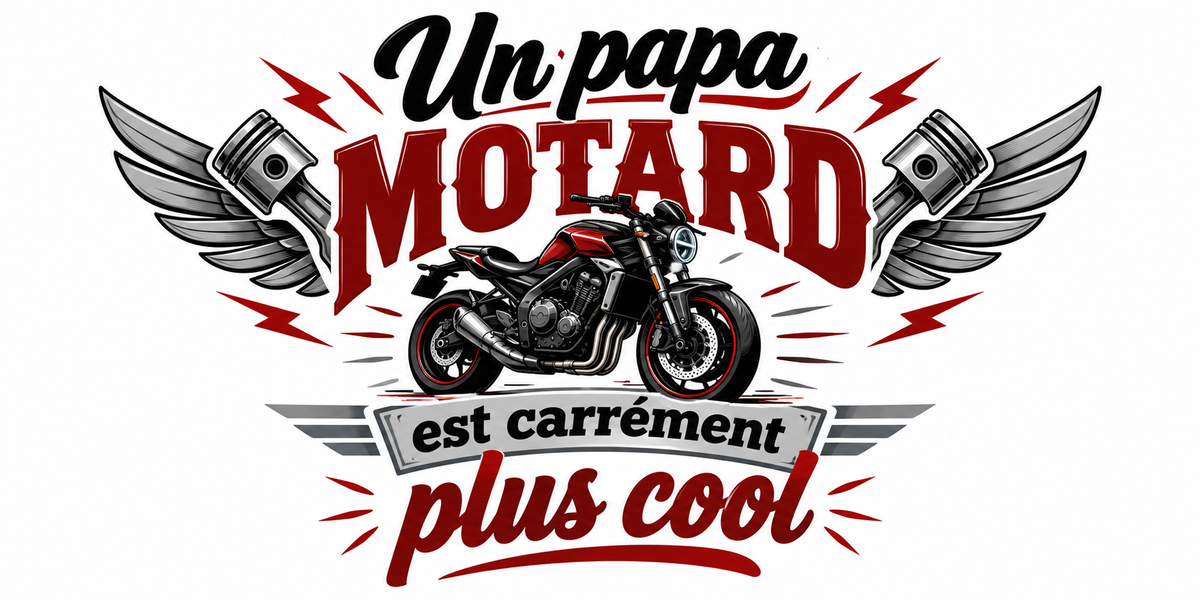 Visuel illustré style emblème avec roadster, pistons ailés et texte Un papa motard est carrément plus cool