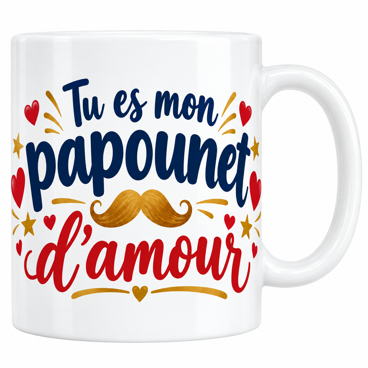 Mug blanc Tu es mon papounet d'amour avec moustache dorée, cœurs rouges et étoiles