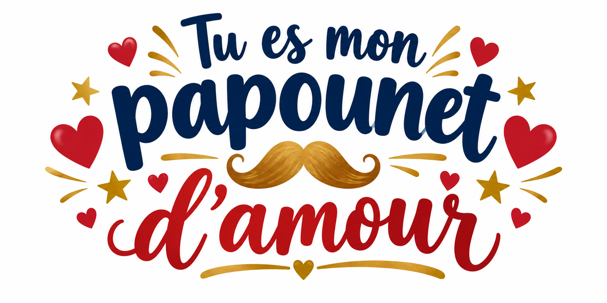 Visuel illustré Tu es mon papounet d'amour avec moustache dorée, cœurs rouges et étoiles sur fond blanc