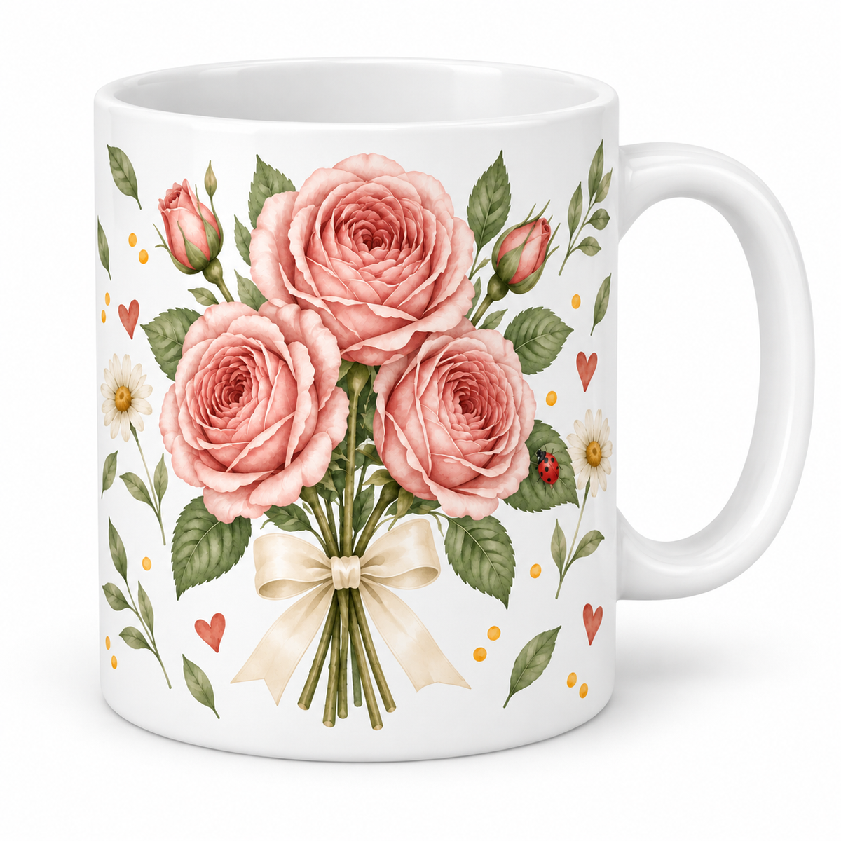 Mug Roses au nœud écru et coccinelle