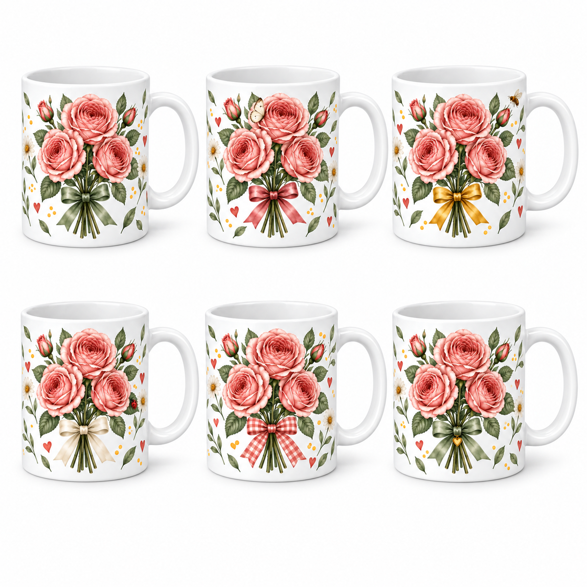 Lot de 6 mugs Roses aquarelle, bouquet et six rubans