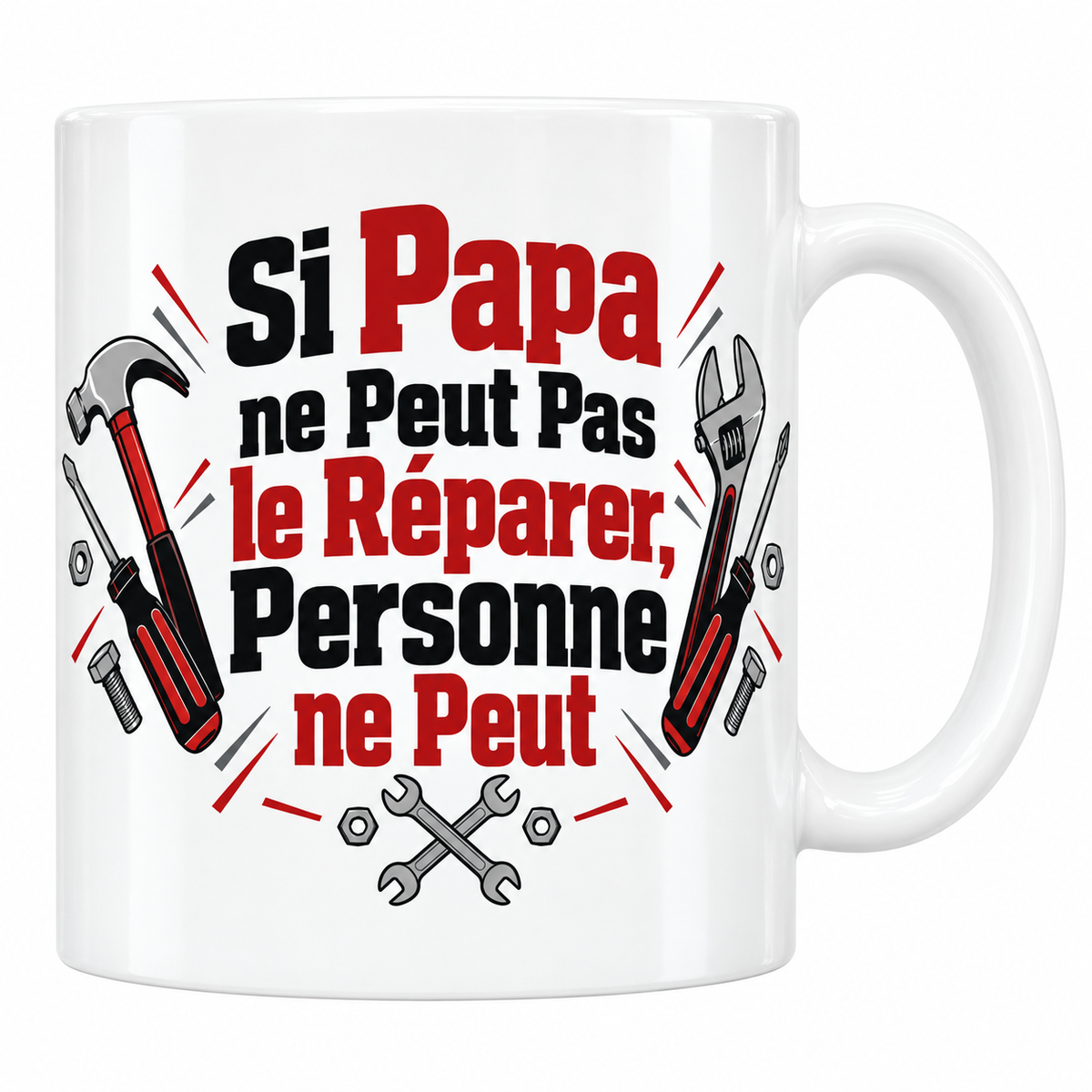 Mug blanc Si Papa ne peut pas le réparer, personne ne peut, avec marteau, clé et tournevis rouges et noirs