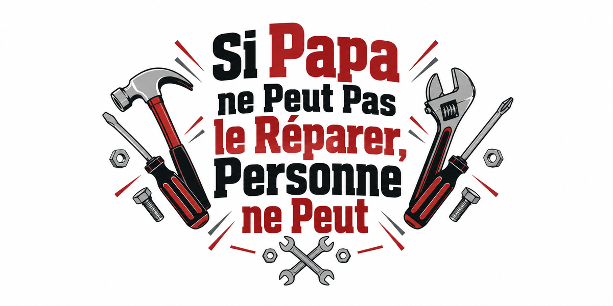 Visuel illustré outils rouges et noirs et texte Si Papa ne peut pas le réparer, personne ne peut