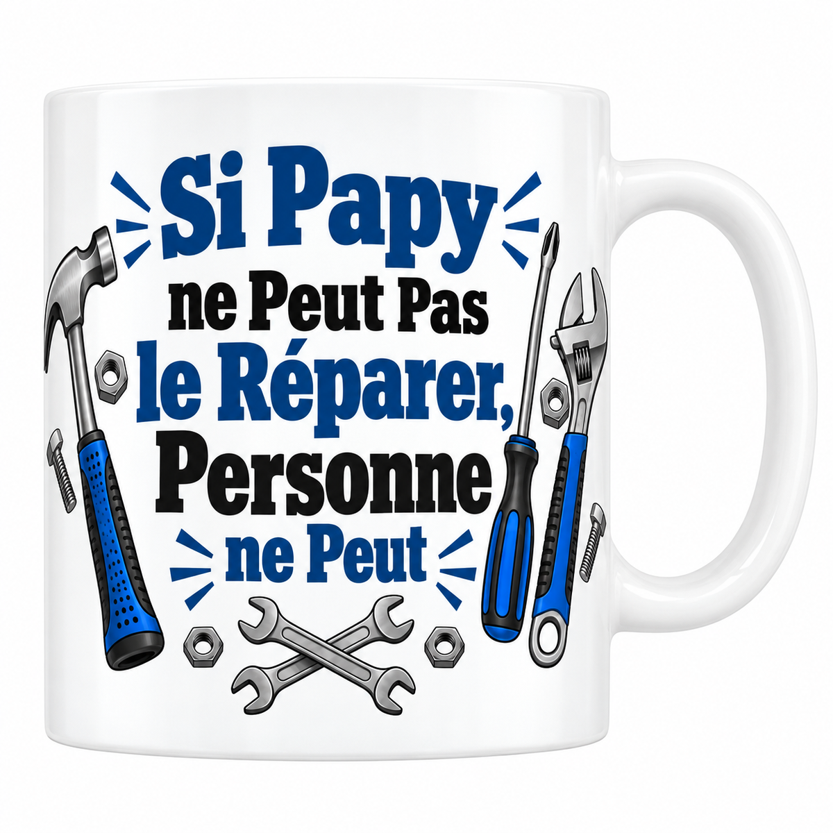 Mug blanc Si Papy ne peut pas le réparer, personne ne peut, avec marteau, clé à molette et tournevis bleus