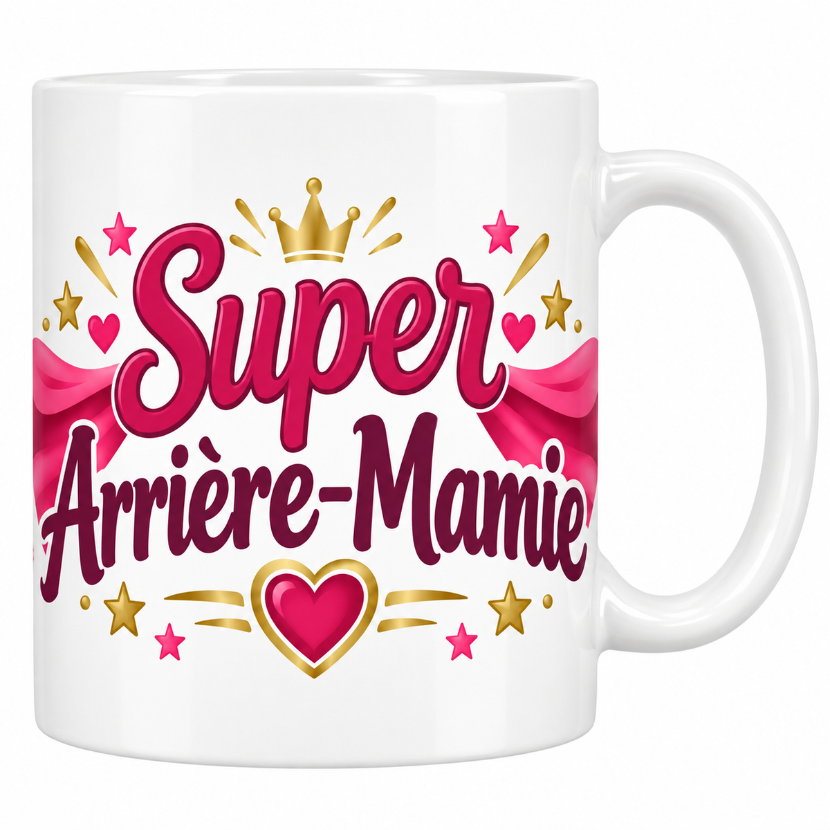 Mug blanc Super Arrière-Mamie avec cape rose, couronne dorée et étoiles