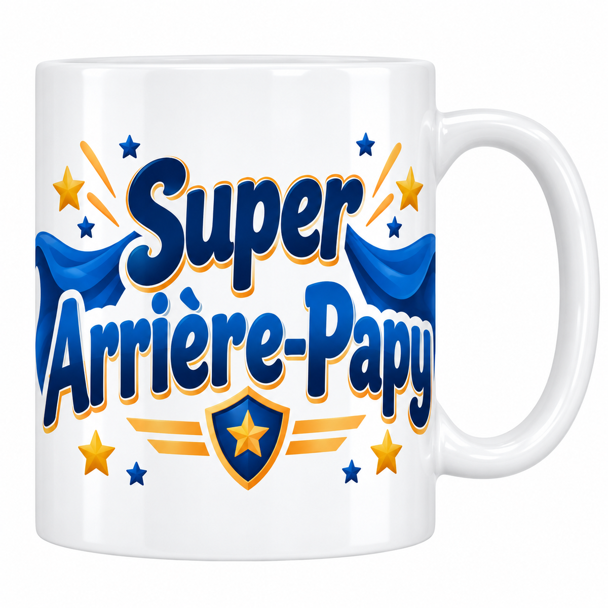 Mug blanc Super Arrière-Papy avec cape bleue, écusson ailé et étoiles dorées