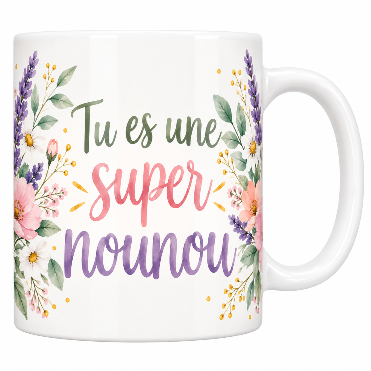 Mug crème Tu es une super nounou en lettrage vert et violet avec bouquets de lavande aquarelle