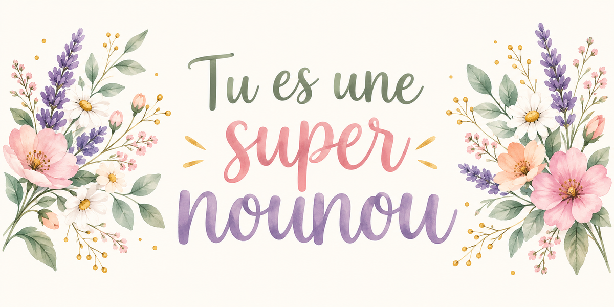 Visuel aquarelle lavande et fleurs roses avec le texte Tu es une super nounou