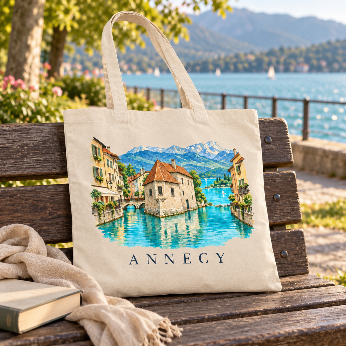 Tote bag Annecy Essentiel posé sur un banc en bois face au lac d'Annecy, avec un livre et un plaid