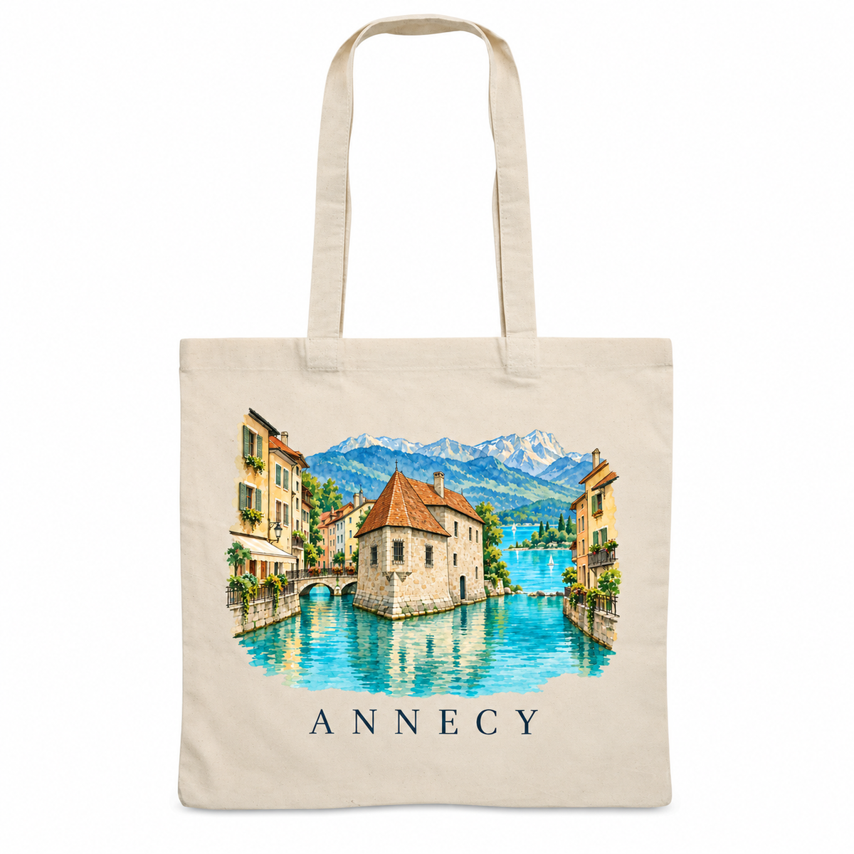 Tote bag Annecy Essentiel, sac plat en coton naturel 140 g/m² de 38 × 42 cm, illustration aquarelle du Palais de l'Île et du lac
