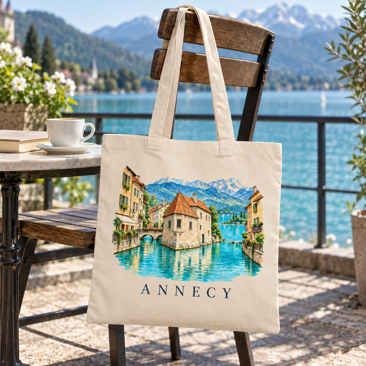 Tote bag Annecy Essentiel suspendu à une chaise de terrasse au bord du lac d'Annecy, montagnes en arrière-plan