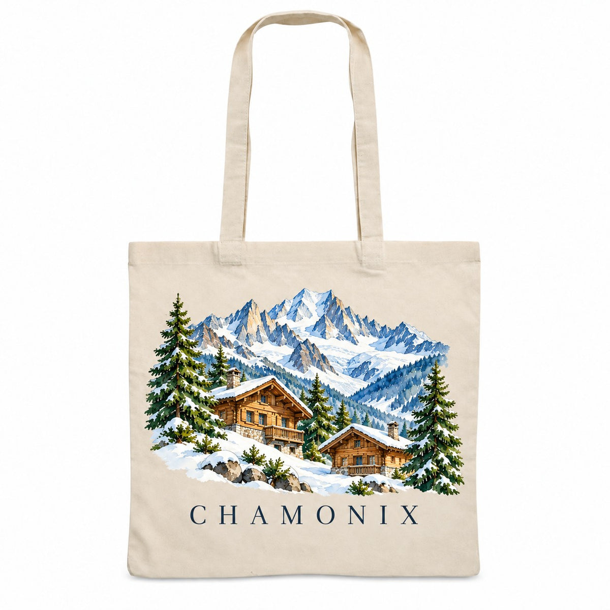 Tote bag Chamonix Essentiel, sac plat en coton naturel 140 g/m² de 38 × 42 cm, illustration aquarelle de chalets enneigés et du massif du Mont-Blanc