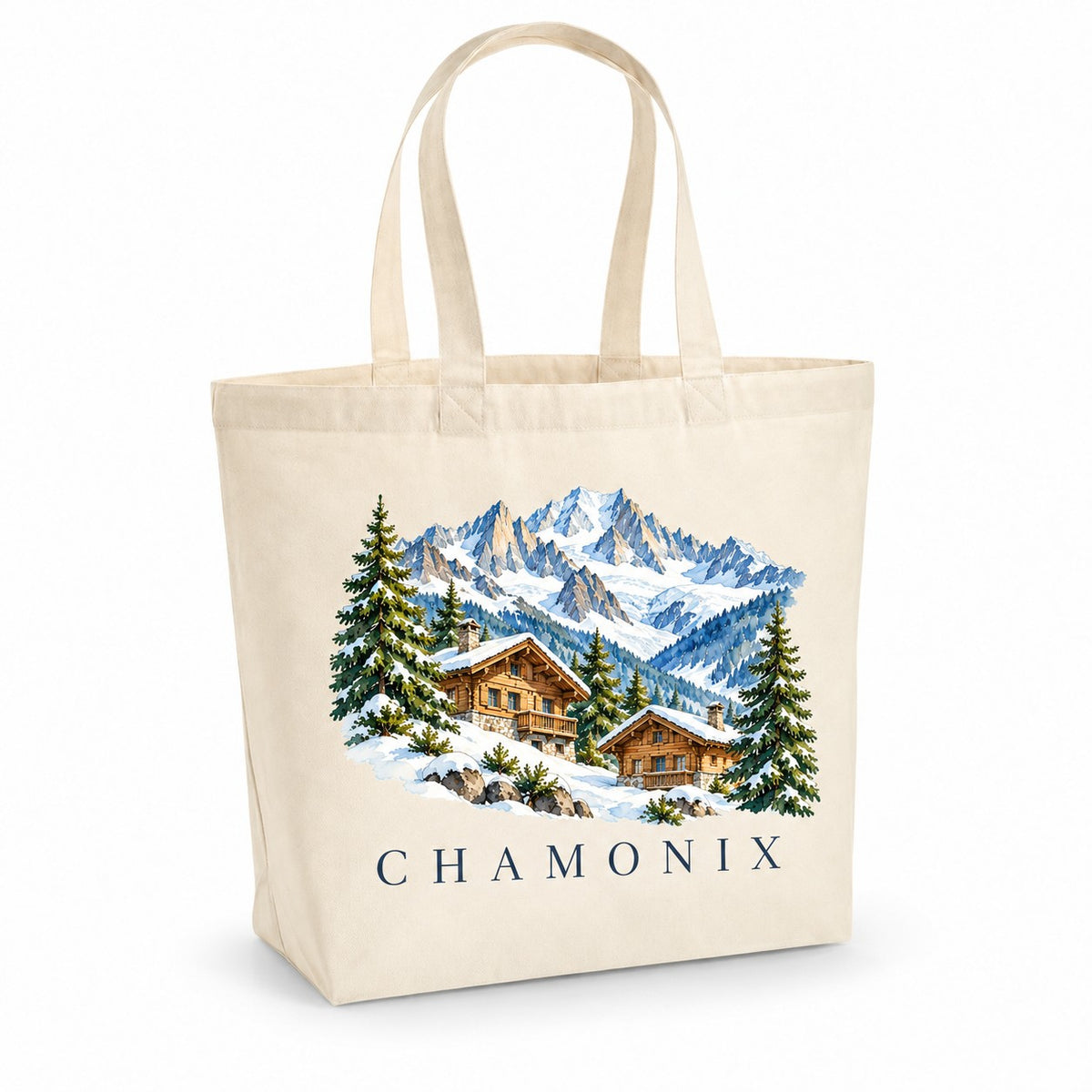 Tote bag Chamonix Premium, cabas à soufflet en coton naturel 200 g/m² de 18 litres, illustration aquarelle de chalets enneigés et du massif du Mont-Blanc