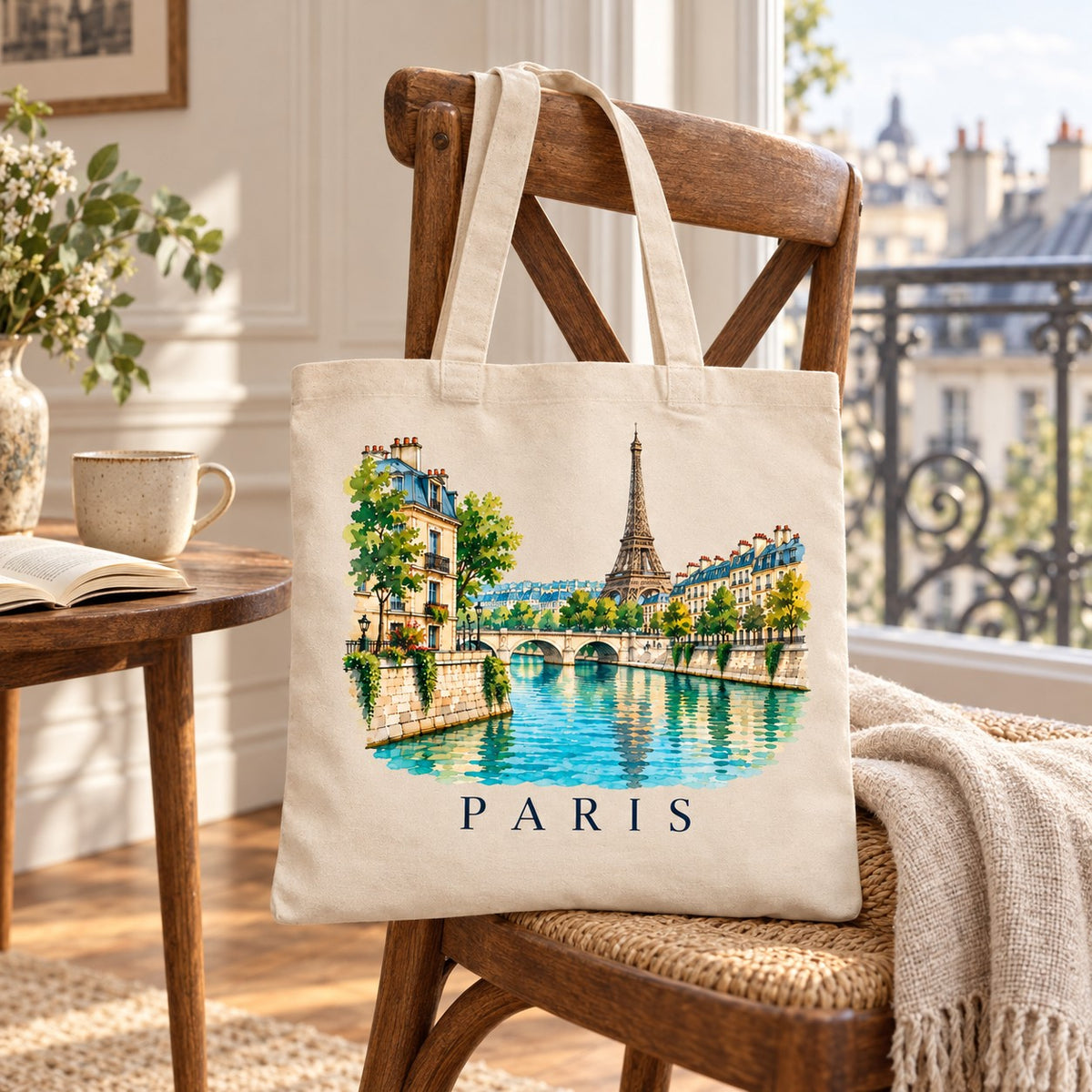 Tote bag Paris Essentiel suspendu à une chaise dans un appartement parisien, balcon en fer forgé et toits en arrière-plan