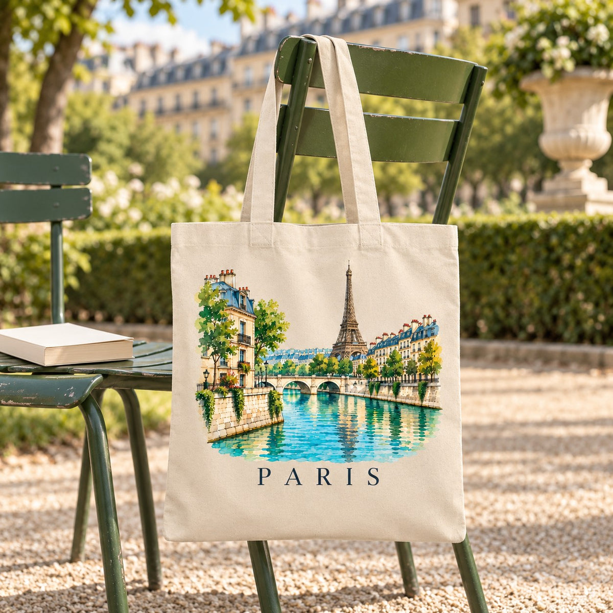 Tote bag Paris Essentiel suspendu à une chaise verte dans un jardin parisien, avec un livre