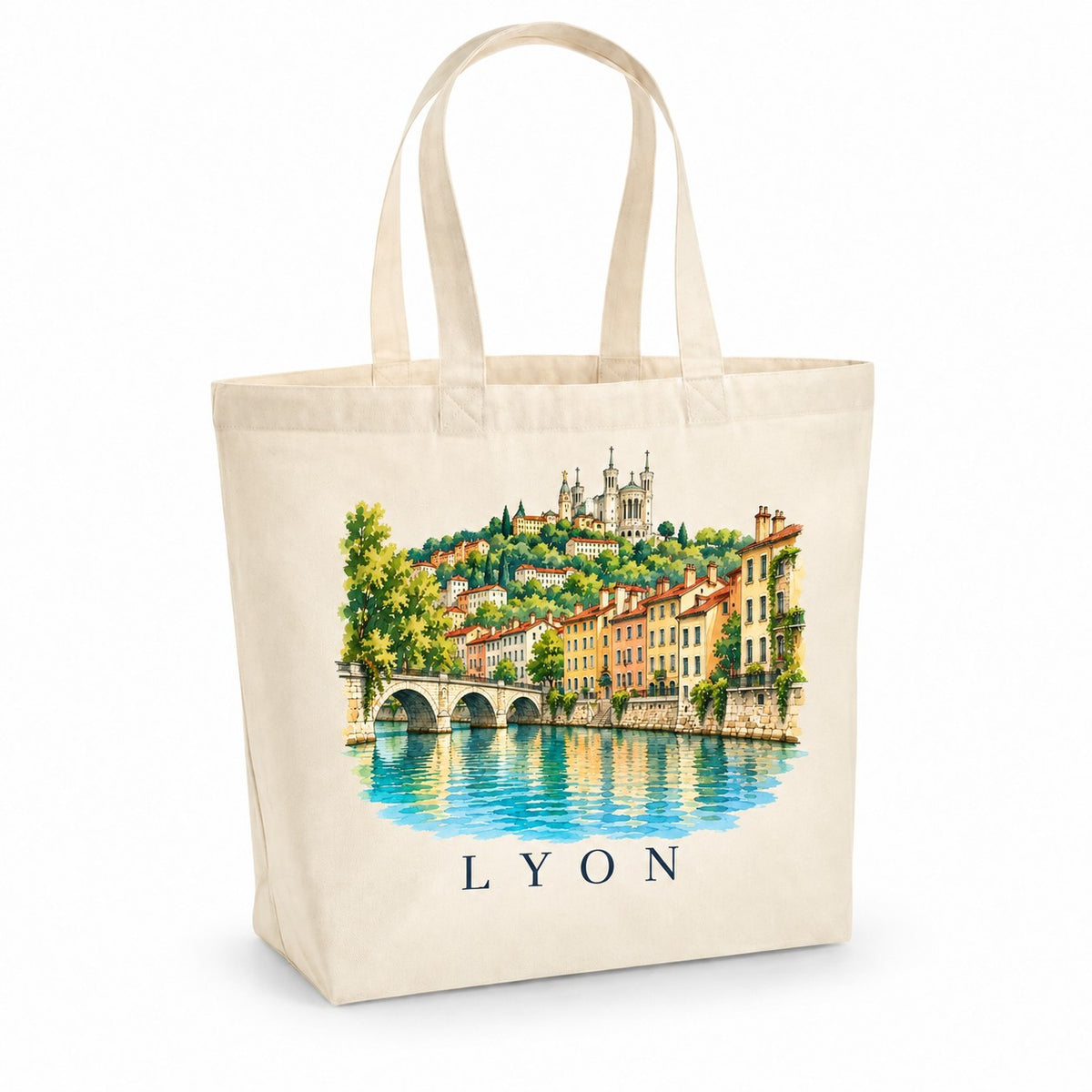 Tote bag Lyon Premium, cabas à soufflet en coton naturel 200 g/m² de 18 litres, illustration aquarelle de Fourvière et des façades du Vieux-Lyon