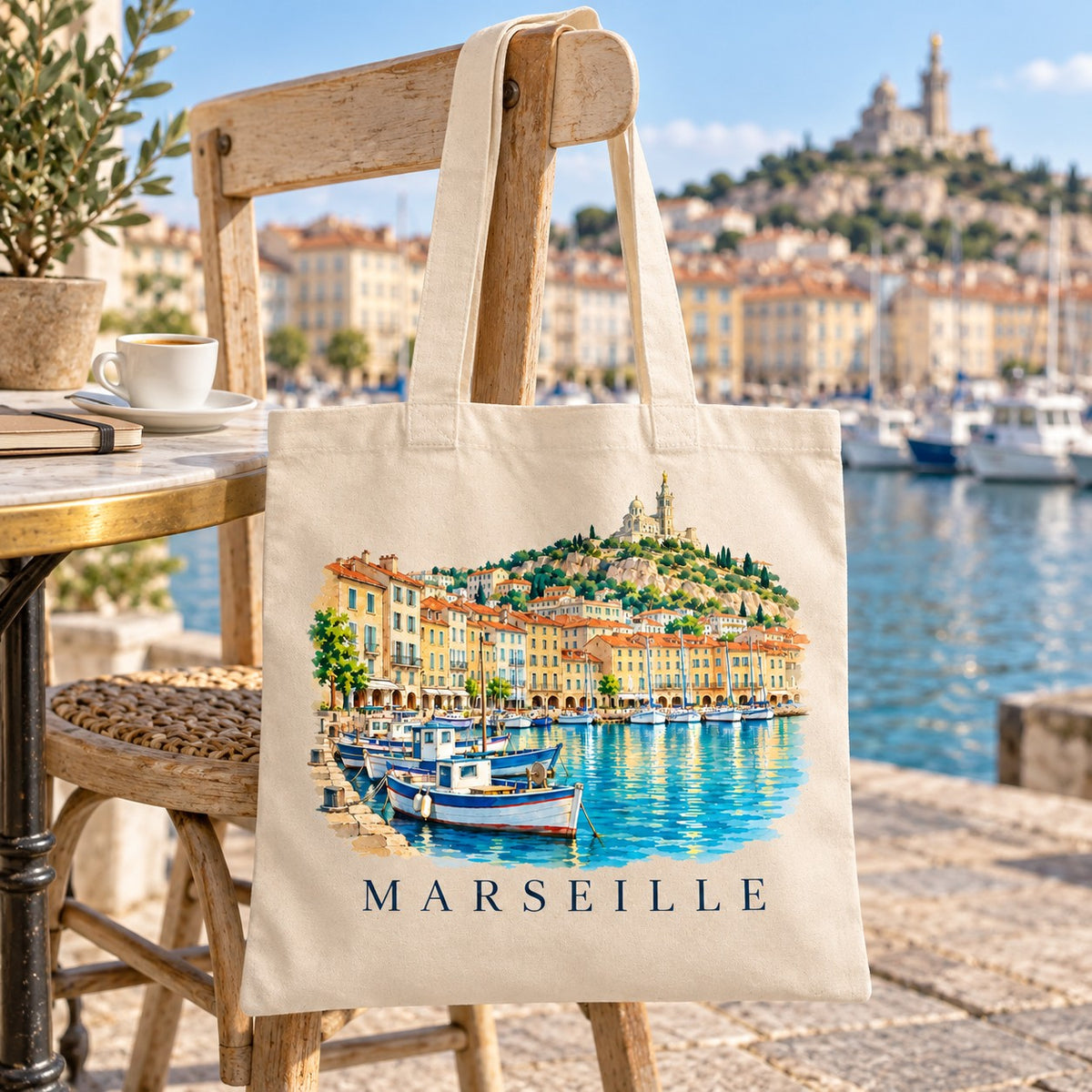 Tote bag Marseille Essentiel suspendu à une chaise en bois en terrasse face au Vieux-Port
