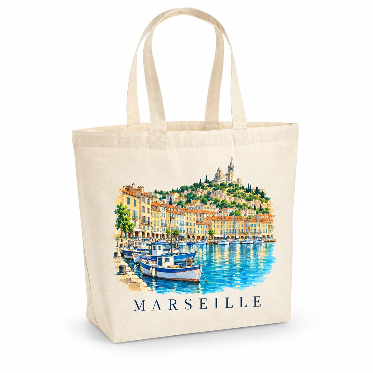 Tote bag Marseille Premium, cabas à soufflet en coton naturel 200 g/m² de 18 litres, illustration aquarelle de Notre-Dame de la Garde et du Vieux-Port