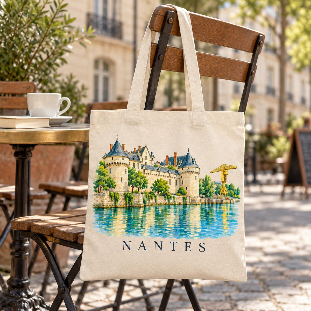 Tote bag Nantes Essentiel suspendu à une chaise de terrasse de café, avec une tasse et un livre