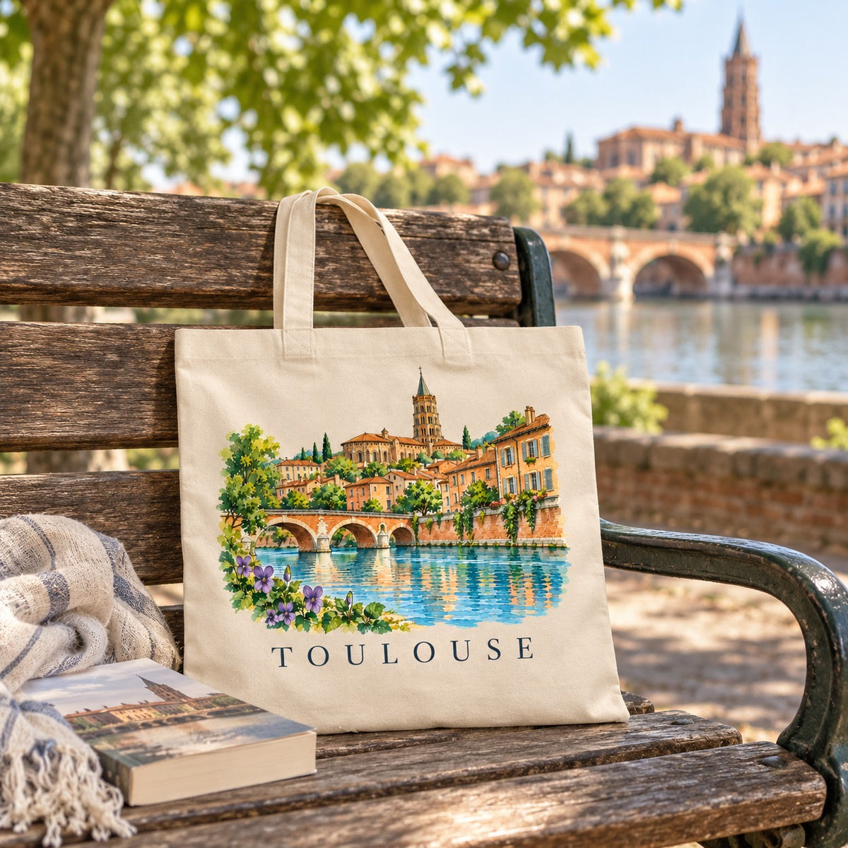 Tote bag Toulouse Essentiel posé sur un banc au bord de la Garonne, avec un livre et un plaid