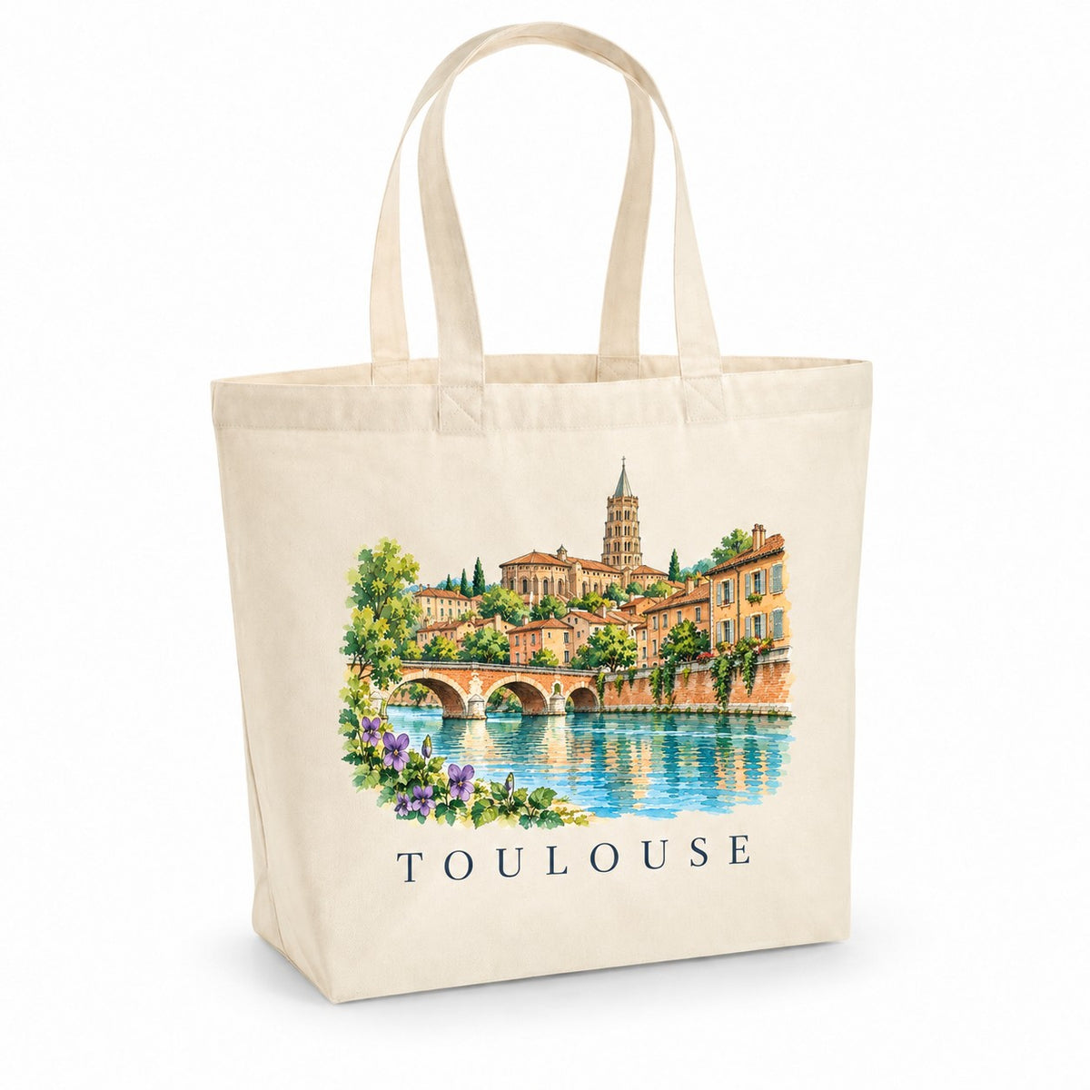 Tote bag Toulouse Premium, cabas à soufflet en coton naturel 200 g/m² de 18 litres, illustration aquarelle des briques roses, de Saint-Sernin, du Pont-Neuf et des violettes