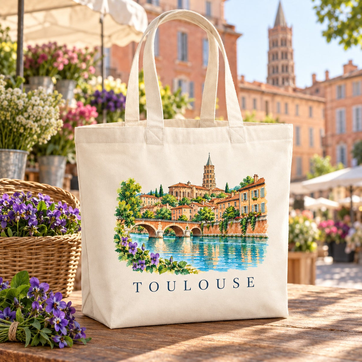 Tote bag Toulouse Premium posé sur un étal de marché aux fleurs avec des violettes