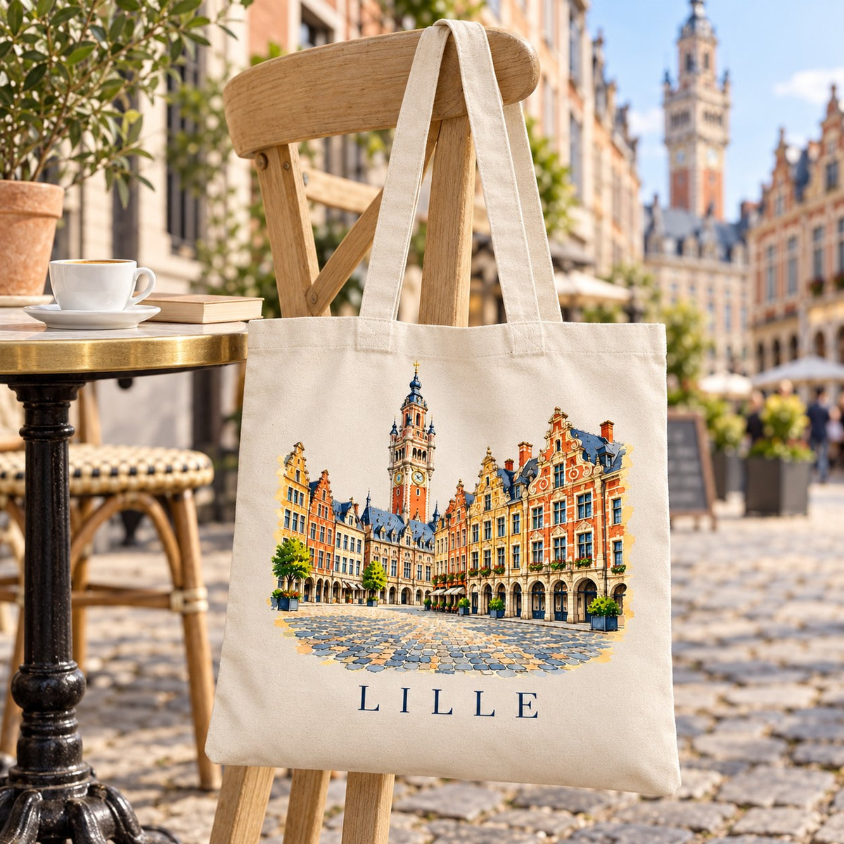 Tote bag Lille Essentiel suspendu à une chaise en terrasse dans le Vieux-Lille, avec un café