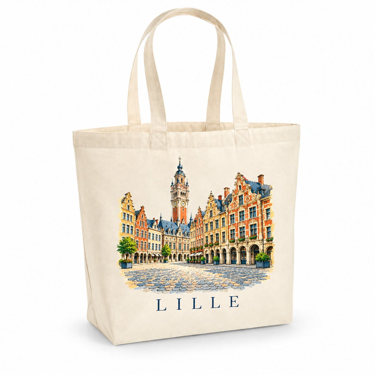 Tote bag Lille Premium, cabas à soufflet en coton naturel 200 g/m² de 18 litres, illustration aquarelle du beffroi et des façades flamandes de la Grand-Place