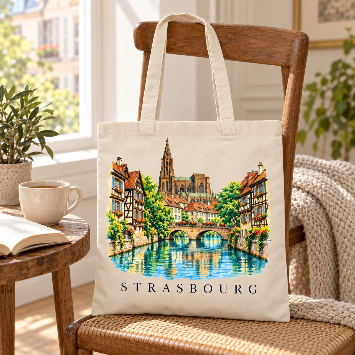Tote bag Strasbourg Essentiel suspendu à une chaise près d'une fenêtre, avec une tasse de thé et un livre ouvert