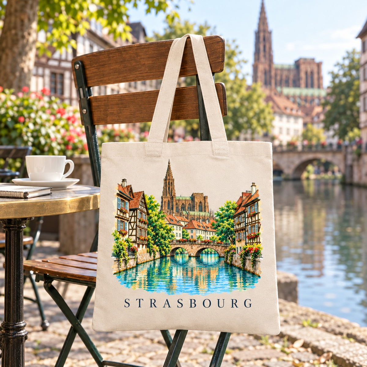 Tote bag Strasbourg Essentiel suspendu à une chaise en terrasse au bord du canal, avec une tasse et un carnet