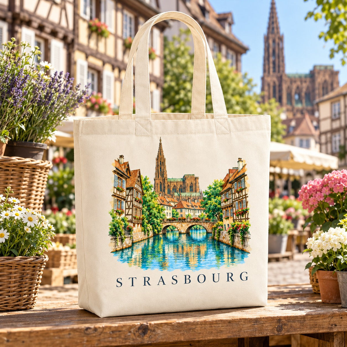 Tote bag Strasbourg Premium posé sur un étal de marché aux fleurs, maisons à colombages et cathédrale en arrière-plan