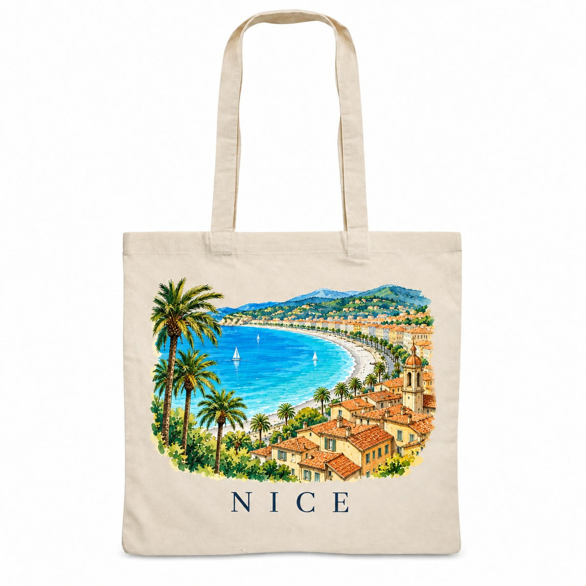 Tote bag Nice Essentiel, sac plat en coton naturel 140 g/m² de 38 × 42 cm, illustration aquarelle de la baie des Anges, des palmiers et du Vieux-Nice