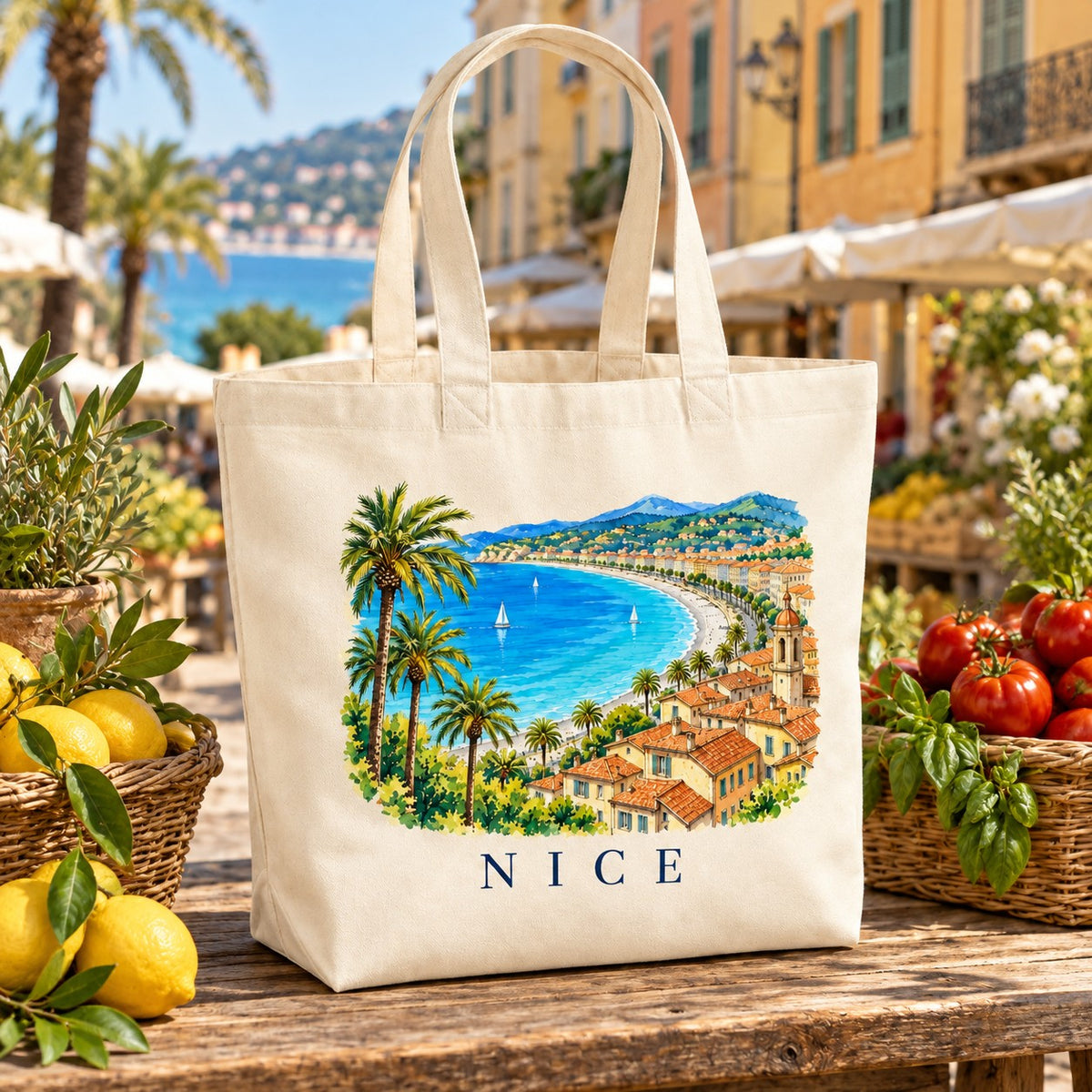 Tote bag Nice Premium posé sur un étal de marché avec des citrons, des tomates et du basilic