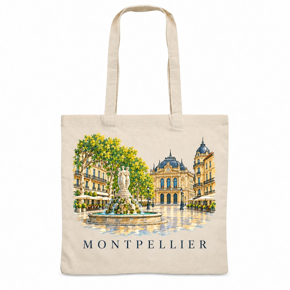 Tote bag Montpellier Essentiel, sac plat en coton naturel 140 g/m² de 38 × 42 cm, illustration aquarelle de la place de la Comédie et de la fontaine des Trois Grâces