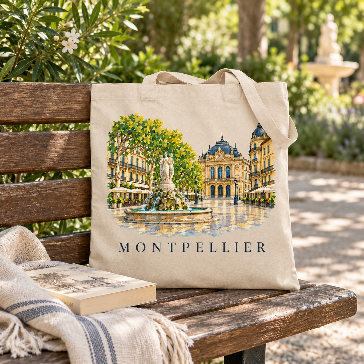 Tote bag Montpellier Essentiel posé sur un banc de jardin avec un livre et un plaid
