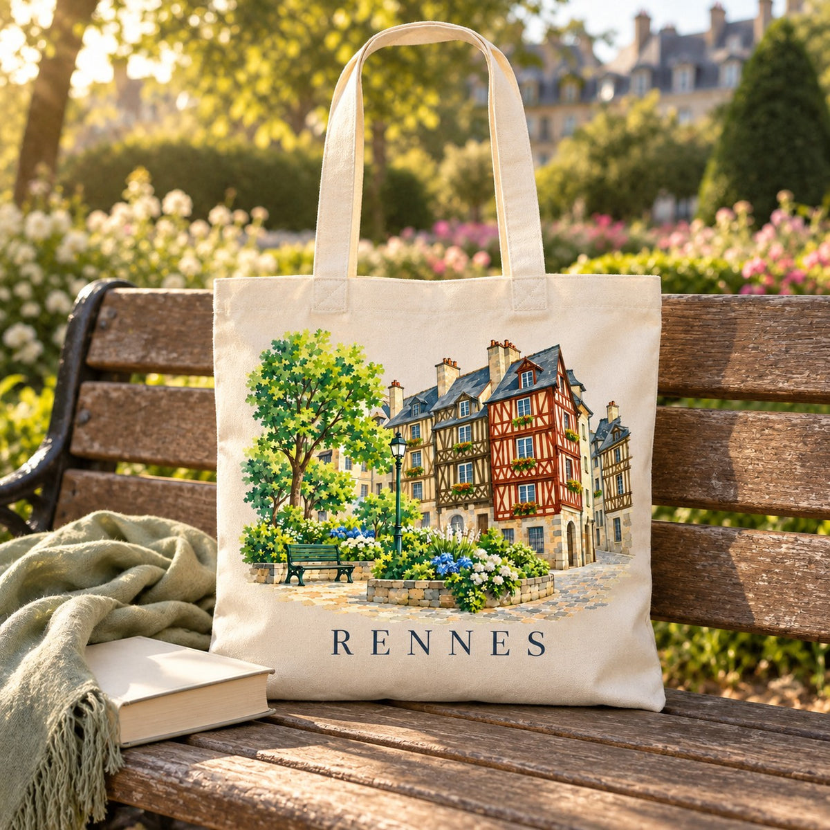 Tote bag Rennes Essentiel posé sur un banc dans un parc fleuri, avec un livre et un plaid