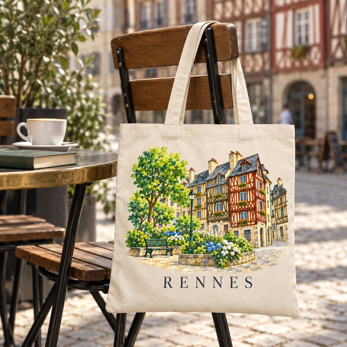 Tote bag Rennes Essentiel suspendu à une chaise en terrasse devant des maisons à colombages, avec un café