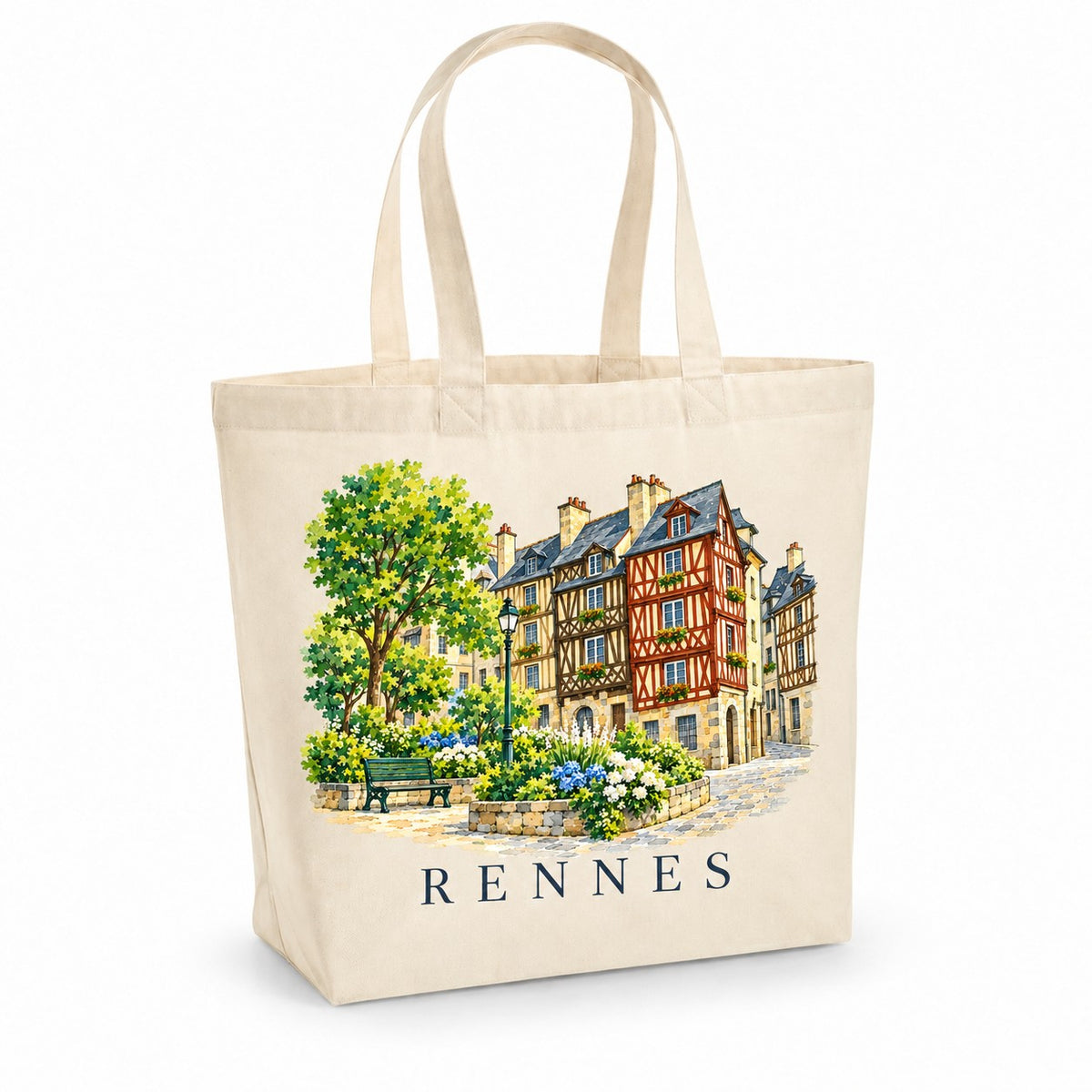 Tote bag Rennes Premium, cabas à soufflet en coton naturel 200 g/m² de 18 litres, illustration aquarelle des maisons à pans de bois et d'un parc fleuri