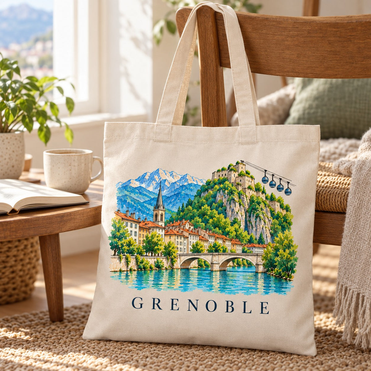 Tote bag Grenoble Essentiel posé sur une chaise près d'une fenêtre, avec une tasse