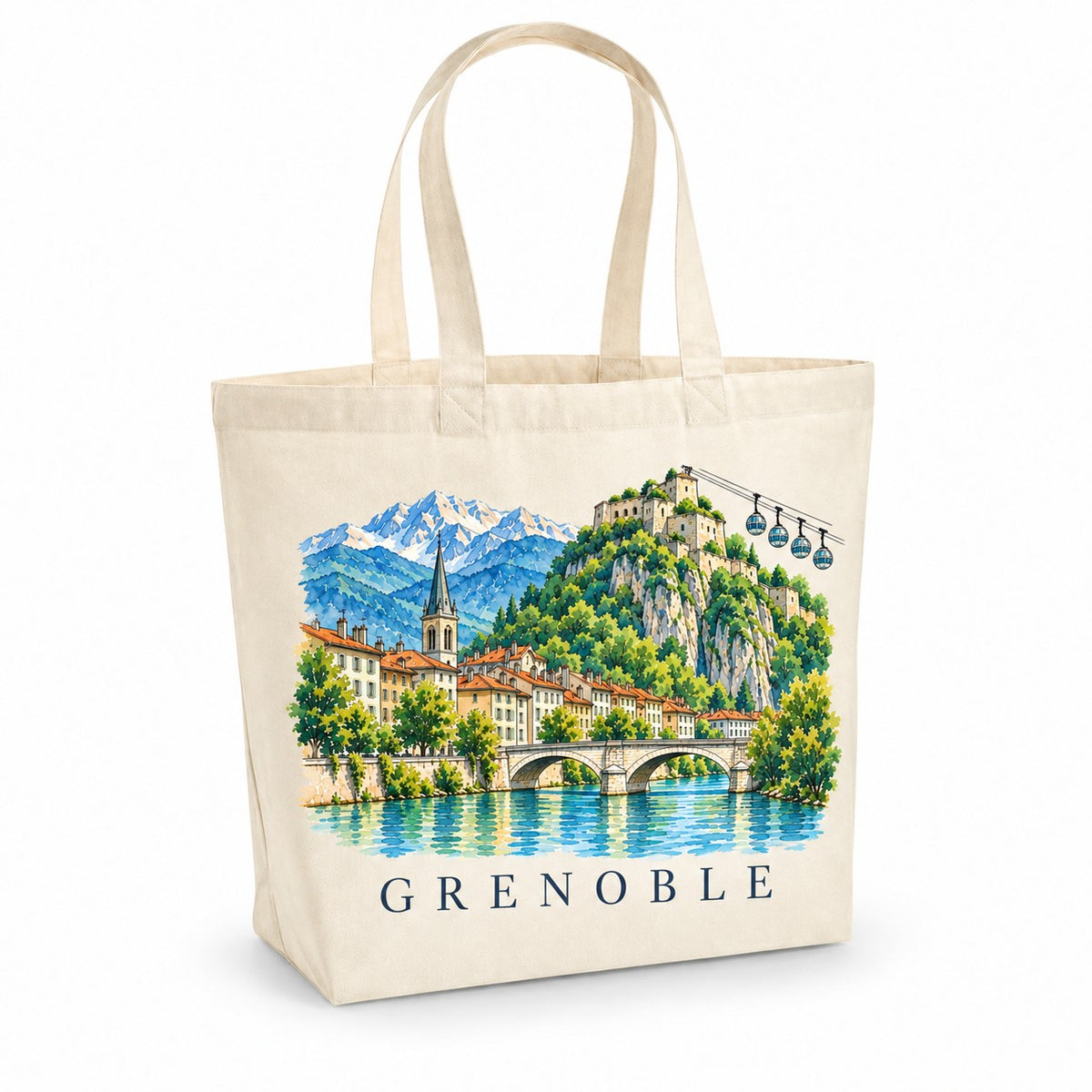 Tote bag Grenoble Premium, cabas à soufflet en coton naturel 200 g/m² de 18 litres, illustration aquarelle du fort de la Bastille, des bulles du téléphérique et des Alpes