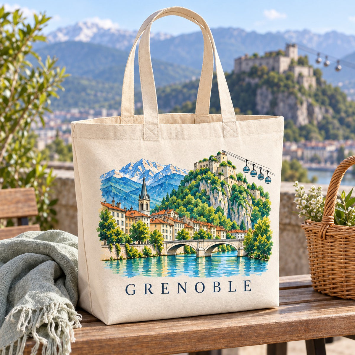 Tote bag Grenoble Premium posé sur un muret face à la Bastille et aux Alpes, avec un plaid