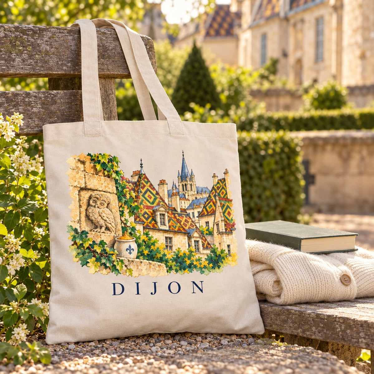 Tote bag Dijon Essentiel posé sur un banc de jardin avec un livre et un pull